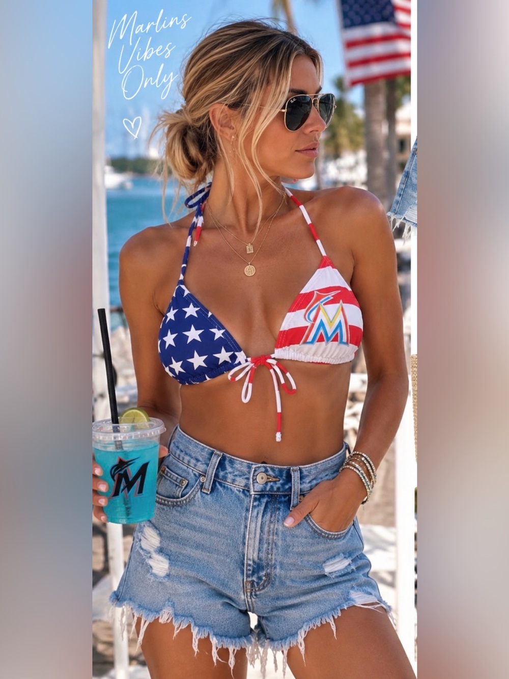 Miami Marlins Stars & Stripes Triangle Bikini Top - Red, White & Blue